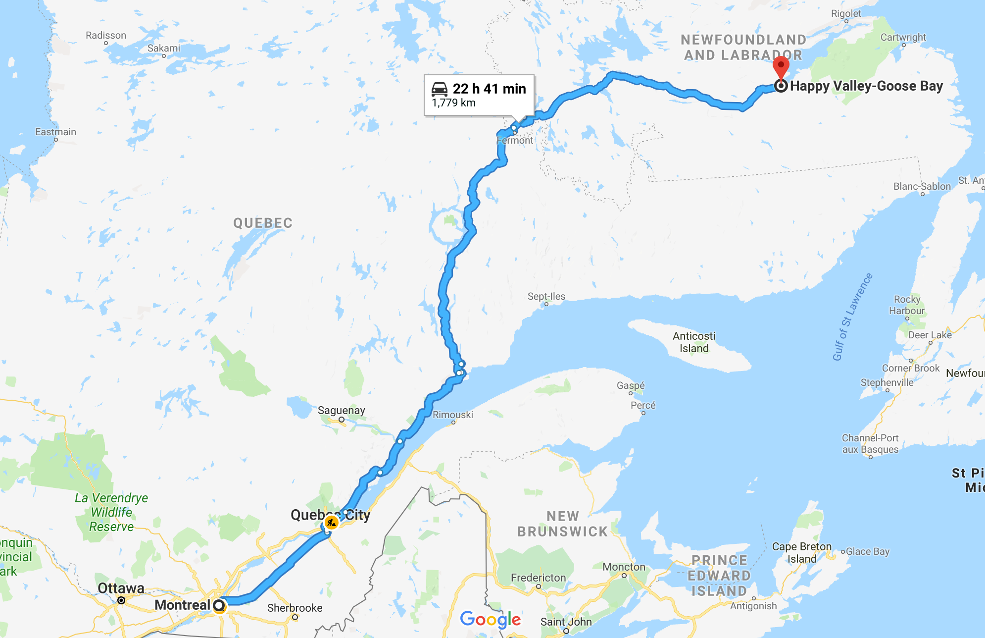 Trajet Montréal - Happy Valley-Goose Bay